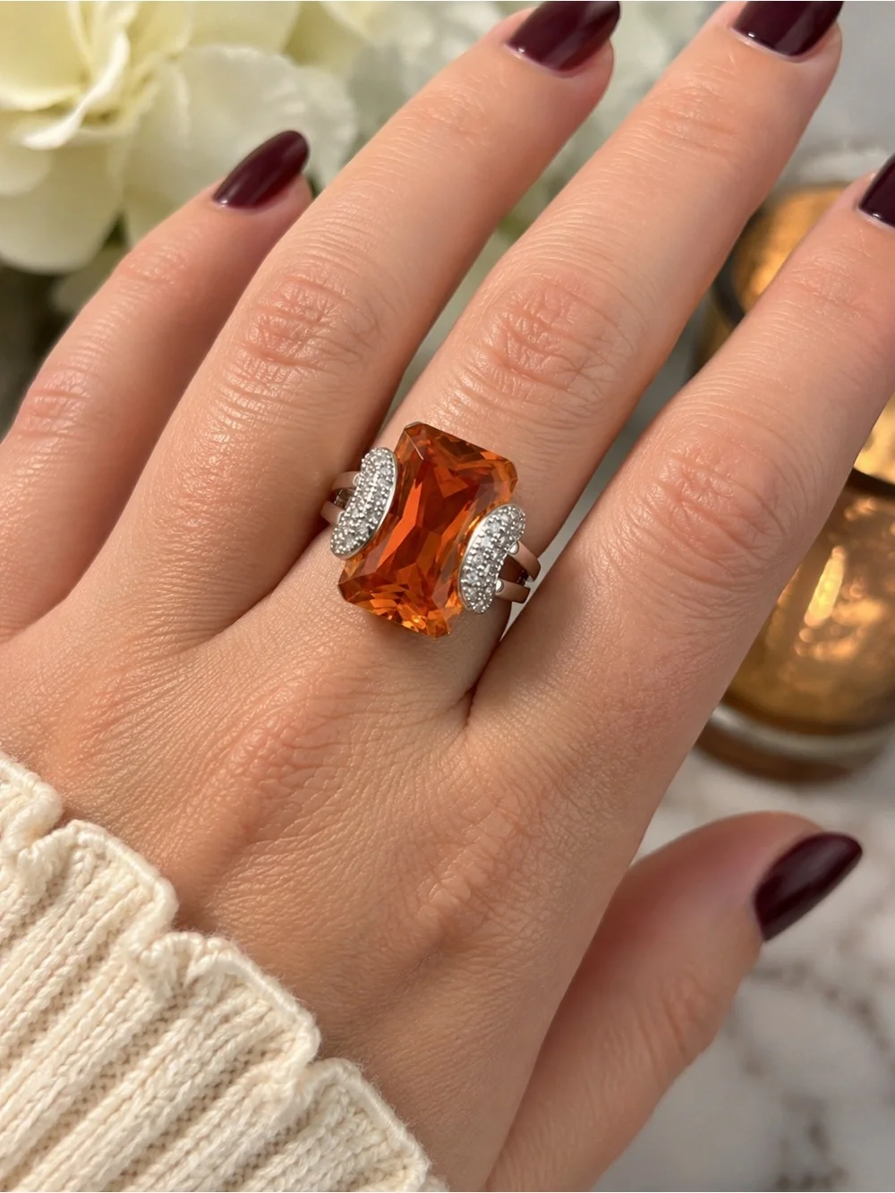 Signed Ross Simons 925 Faceted Orange Gemstone Ring with Pave Accents Size 7